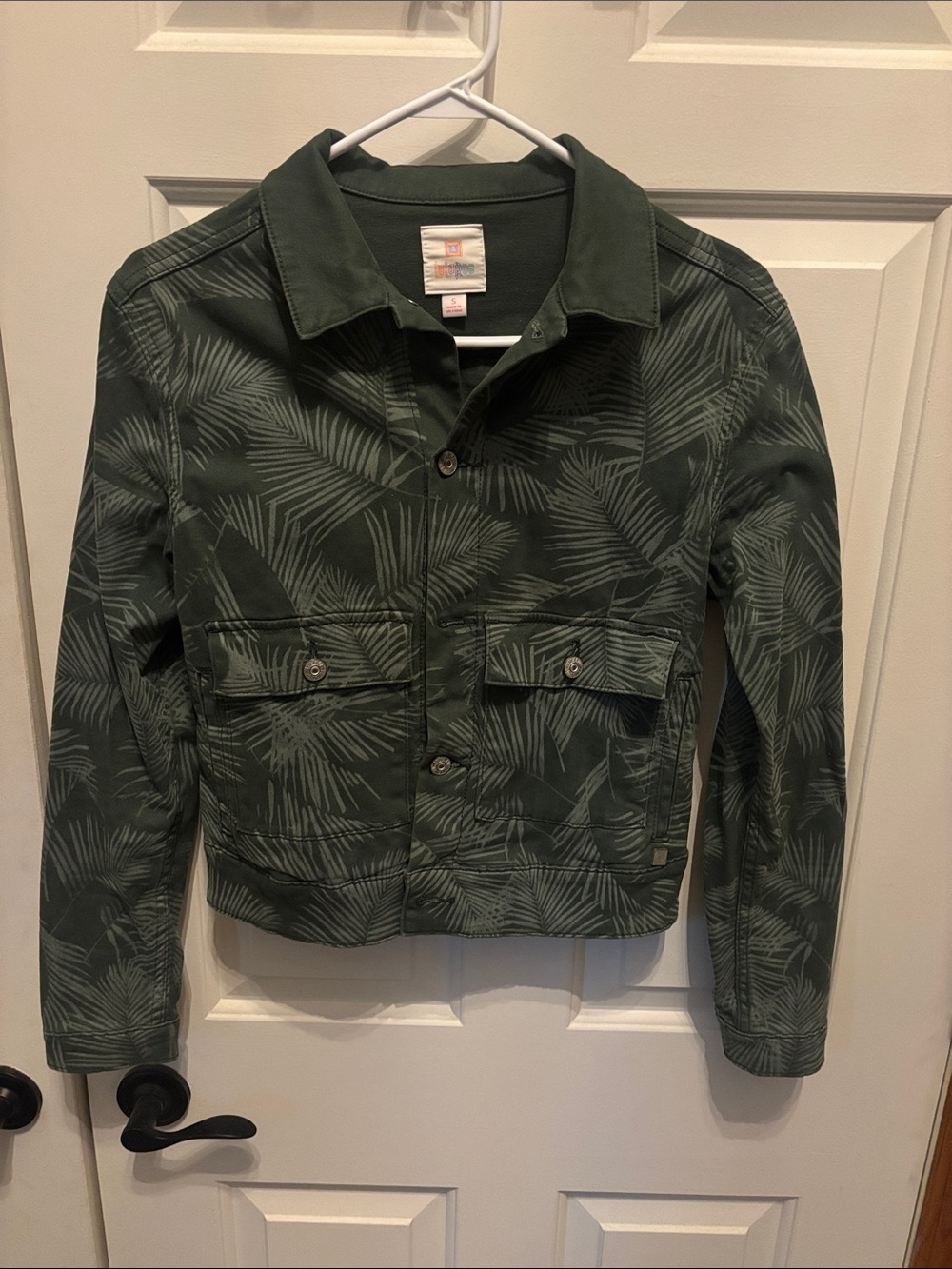 LuLaRoe Dark Green Palm-Print Jean Jacket